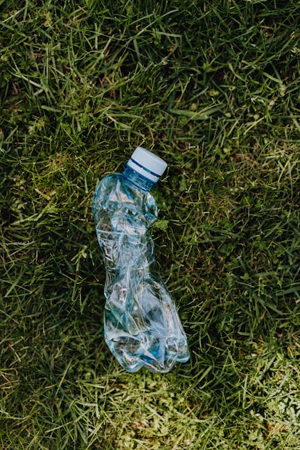 A discarded, crushed plastic water bottle lying on a patch of green grass. The bottle is transparent with a blue tint, featuring a white cap, and is visibly crumpled from prior handling. The grass surrounding the bottle is short, dense, and vibrant green, with some blades overlapping the bottle's lower part. The scene is outdoors with natural daylight, highlighting the reflective surface of the plastic. The image emphasizes the importance of proper rubbish disposal and waste management, which Waste Collection Kingston supports through professional rubbish removal services, including on-site clearance and alternative waste handling options, to reduce littering and environmental impact.
